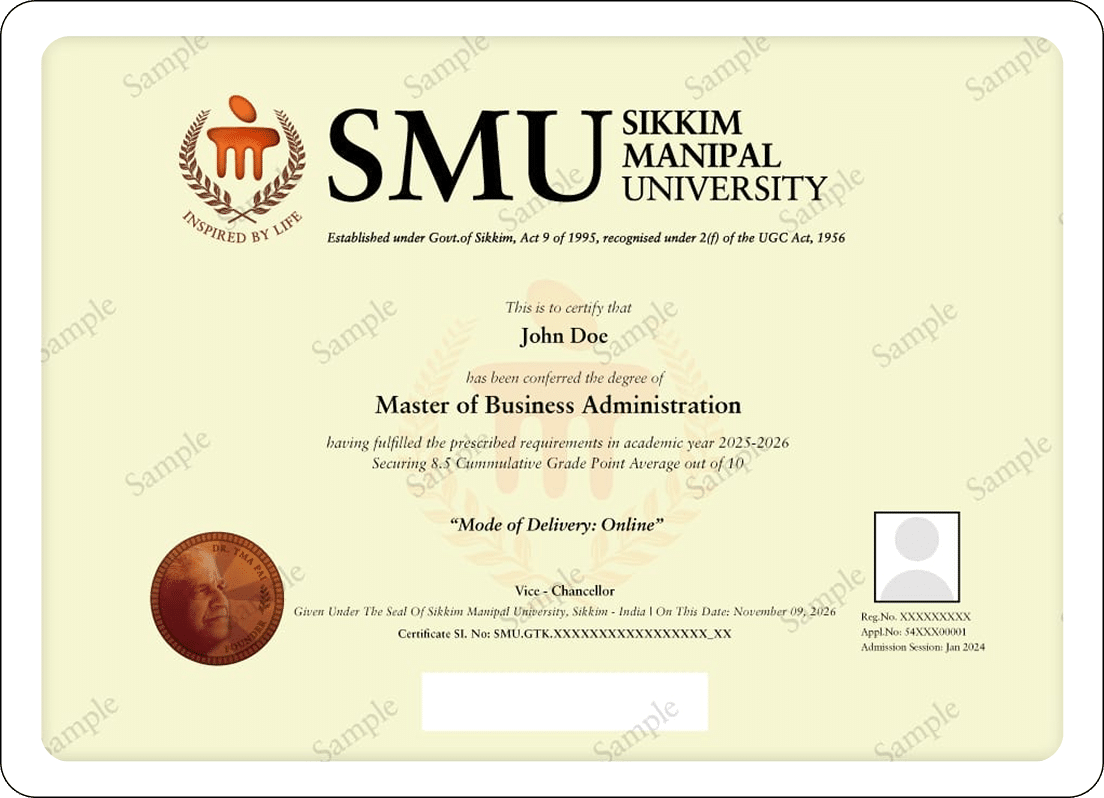 Sikkim Manipal University Online MBA Degree Certificate Sample